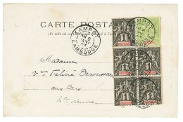 CAMBODGE : 1903 1c(x5) + 5c Obl. KAMPOT CAMBODGE Sur Carte Pour La FRANCE. Superbe. - Altri & Non Classificati