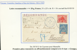 1915 Mixte 25c Groupe + CROIX ROUGE 5 S/ 10c Obl. CAYENNE Sur Enveloppe RECOM. Pour La FRANCE. RARE. TTB. - Otros & Sin Clasificación