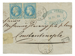 "LIGNE AB De CONSTANTINOPLE à TREBIZONDE" : 1868 20c(n°29)x2 Obl. ANCRE + Cachet Rarissime LIGNE AB PAQ FR N& - Autres & Non Classés