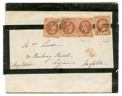 "Affrt à 8c Pour L'ANGLETERRE" : 1869 2c(n°26)x4 Obl. T.16 ORLEANS Sur Bande Avec IMPRIME Complet Pour NORFOL - Autres & Non Classés