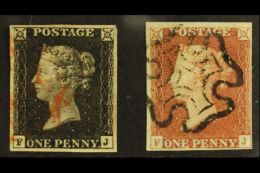 1840 - 1841 MATCHED PAIR 1840 1d Black "FJ" Plate 1b, 1841 1d Red-brown "FJ" Plate 1b, Lovely Matched Pair Of... - Other & Unclassified