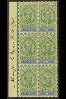 REVENUE STAMPS 1900 $2 Green And Bright Blue (Barefoot 26, Tan R7) - A Never Hinged Mint Marginal BLOCK OF SIX (2... - Sarawak (...-1963)