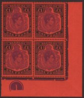 1952 £1 Bright Violet And Black / Scarlet Perf 13 (SG 121e), PLATE BLOCK From The Lower Right Corner, Very... - Bermuda