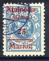 MEMEL 1923 (7. Feb.) 25 Mk. On 5 C. With  Overprint Variety  Two Breaks In Lower Bar, Used.  Michel  130 VI - Memel (Klaïpeda) 1923