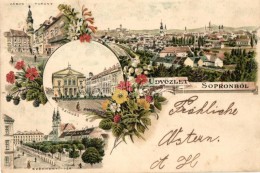 * T4 1898 Sopron, Oedenburg; Várostorony, Színház, Széchenyi Tér, Floral Litho ... - Non Classés