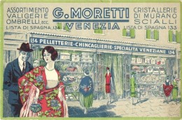 ** T2/T3 Venice, Venezia; G. Moretti's Leather Goods, Murano Glass, Venetian Shawls Shop, Advertisement Card (non... - Unclassified