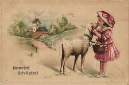 T2/T3 'Húsvéti üdvözlet' / Easter Greeting Card With Girl And Sheep, Litho (EK) - Unclassified