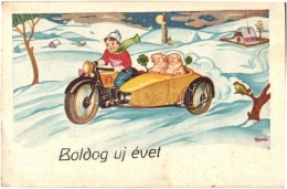 T2/T3 'Boldog új évet!' / New Year Greeting Postcard, Pigs, Motorcycle With Sidecar, S: Gyulai (EK) - Ohne Zuordnung