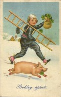 T2/T3 'Boldog új évet!' / New Year Greeting Postcard, Pig, Chimney Sweeper, S: Zsolt (EK) - Unclassified