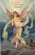 T2/T3 'Boldog Karácsonyi Ünnepeket!' / Christmas Greeting Card, Angel With Child At Night, Litho (EK) - Ohne Zuordnung