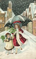 T2/T3 Christmas Greeting Card, Mother And Child At Night, Clovers, Snowing, K.u.K. Military Field Post, Litho (EK) - Sin Clasificación