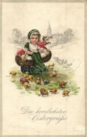 T2/T3 'Die Herzlichsten Ostergrüsse' / Easter  Greeting Postcard, Child, Chickens, Litho (EK) - Ohne Zuordnung