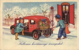 T2/T3 'Kellemes Karácsonyi ünnepeket' / Christmas Greeting Postcard, Automobile, Petrol Station, S:... - Non Classificati