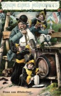 T3 Traum Eines Münchener's, Humorous Oktoberfest Art Postcard, Advertisement, Beer Barrel, Sausages, Dog,... - Ohne Zuordnung