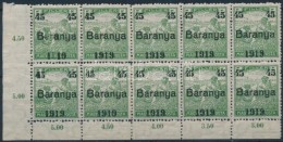 ** Baranya I. 1919 Arató 45f/5f ívsarki Tizestömb Nyomási Eltérésekkel,... - Autres & Non Classés