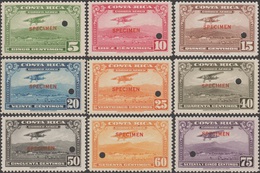 Costa Rica 1934 Y&T 14/22 Neufs Sans Charnières. Surchargés Specimen. Aéroport De San José. Ferme, Moutons, Volcans - Volcanes