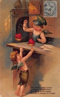 Epicier Vendeur D'Amour - Illustration 1906 - Anges - Douceur De L'ivresse - Carte Gaufrée   - 2 Scans - Saint-Valentin