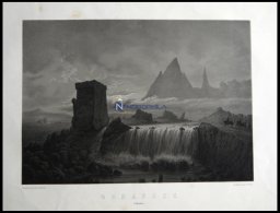 GODAFOSS (Godafoss), Wasserfall Bei Mondschein, Lithographie Mit Tonplatte Von Alexander Nay Nach Emanuel Larsen Bei Emi - Lithographies