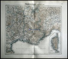 Der Südöstliche Teil Mit Corsica, Grenzkolorierter Stahlstich Aus Meyers Hand-Atlas, 1875 - Otros & Sin Clasificación