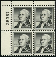 USA 675 VB **, Scott 1053, 1956, 5 $ Hamilton Im Oberen Linken Eckrandviererblock Mit Plattennummer, Pracht, $ 230.- - Used Stamps
