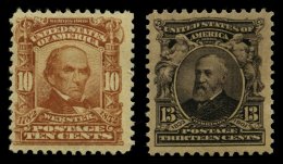 USA 145/6 *, Scott 307/8, 1902, 10 C. Webster Und 13 C. Harrison, Wz. 1, Gezähnt L 12, Falzrest, 2 Prachtwerte, $ 1 - Usados
