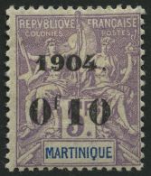 MARTINIQUE 55 *, 1904, 0f10 Auf 5 Fr. Lila/blau, Falzreste, Pracht, Mi. 200.- - Other & Unclassified