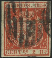 SPANIEN 28w O, 1854, 2 R. Zinnober, Dünnes Weißes Papier, Pracht, Gepr. Drahn, Mi. 110.- - Used Stamps