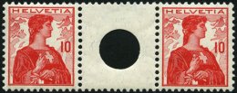 ZUSAMMENDRUCKE WZ 4IA **, 1909, Helvetia 10 + Z + 10, Type I, Zwischensteg Mit Großem Loch, Pracht, Mi. 100.- - Se-Tenant