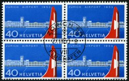 SCHWEIZ BUNDESPOST 585 VB O, 1953, Flughafen Zürich-Kloten Im Viererblock Mit Zentrischem Ersttagsstempel, Pracht - Oblitérés