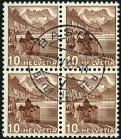 SCHWEIZ BUNDESPOST 363z VB O, 1940, 10 C. Dunkelrötlichbraun, Geriffelter Gummi, Im Zentrisch Gestempelten Viererbl - Used Stamps