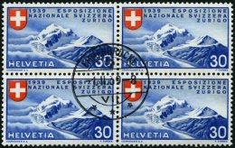 SCHWEIZ BUNDESPOST 343 VB O, 1939, 20 C. Landesausstellung, Italienische Inschrift, Im Viererblock Mit Zentrischem Erstt - Used Stamps