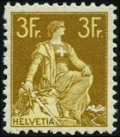 SCHWEIZ BUNDESPOST 110 *, 1908, 3 Fr. Schwärzlichgraugelb/mattgelb, Rauhe Zähnung, Falzreste, Pracht, Mi. 320. - Used Stamps