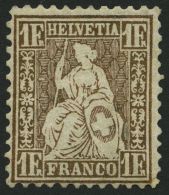 SCHWEIZ BUNDESPOST 28a *, 1863, 1 Fr. Goldbronze, Zähnung Leicht Korrigiert Und Eingesetzter Eckzahn, Mi. 1400.- - Used Stamps