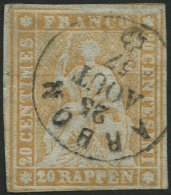 SCHWEIZ BUNDESPOST 16IIAzm O, 1855, 20 Rp. Gelborange, Seidenpapier, Berner Druck I., (Zst. 25F), Fingerhutstempel ARBON - Oblitérés