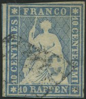 SCHWEIZ BUNDESPOST 14Ib O, 1854, 10 Rp. Mittelblau, 2. Münchener Druck, (Zst. 23A), Schmal-breitrandig, Pracht, Gep - Gebruikt