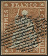 SCHWEIZ BUNDESPOST 13Ia O, 1854, 5 Rp. Braunorange, 1. Münchner Druck, (Zst. 22Aa), Dreiseitig Gut Gerandet, Feinst - Usados