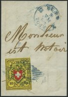 SCHWEIZ BUNDESPOST 8II BrfStk, 1850, 10 Rp. Schwarz/rot Auf Gelb, Type 23, Druckstein E (LO), Blaue Raute, Großes - 1843-1852 Timbres Cantonaux Et  Fédéraux