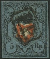 SCHWEIZ BUNDESPOST 7II O, 1850, 5 Rp. Schwarz/zinnoberrot Auf Blau, Ohne Kreuzeinfassung, Type 20, Mit Schwarzem P.P. Mi - 1843-1852 Timbres Cantonaux Et  Fédéraux