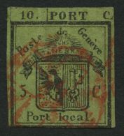 GENF 1HL O, 1843, 5 C. Schwarz Auf Lebhaftgrünoliv, Linke Hälfte Der Doppelgenf, Stärkere Mängel (di - 1843-1852 Timbres Cantonaux Et  Fédéraux