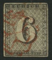 ZÜRICH 2II O, 1843, 6 Rp. Schwarz/dunkelbräunlichrot, Etwas Blasser Waagerechter Linienunterdruck, Rote Rosett - 1843-1852 Correos Federales Y Cantonales