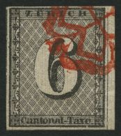 ZÜRICH 2I O, 1843, 6 Rp. Schwarz/dunkelbräunlichrot, Linienunterdruck Senkrecht, Type 20, Allseits Breitrandig - 1843-1852 Federal & Cantonal Stamps