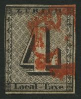 ZÜRICH 1I O, 1843, 4 Rp. Schwarz/dunkelbräunlichrot, Linienunterdruck Senkrecht, Type IV, Rote Rosette, Links - 1843-1852 Federal & Cantonal Stamps