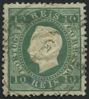 PORTUGAL 47xaB O, 1879, 10 R. Blaugrün, Gewöhnliches Papier, Gezähnt 121/2, Punkthelle Stelle Sonst Prach - Gebruikt