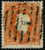 PORTUGAL 30 O, 1867, 80 R. Orange, Nummernstempel 1, üblich Gezähnt Pracht, Mi. 150.- - Used Stamps