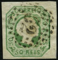 PORTUGAL 7a O, 1855, 50 R. Gelbgrün, Nummernstempel 52, Pracht, Mi. 100.- - Oblitérés