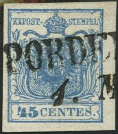 LOMBARDEI UND VENETIEN 5Xa O, 1850, 45 C. Blau, Handpapier, Type I, Mit Plattenfehler Dünnes C (Nr. 16), L2 PORDE(N - Lombardo-Vénétie