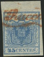 LOMBARDEI UND VENETIEN 5Xa O, 1850, 45 C. Hellblau, Handpapier, Type I, Oberes Randstück 5 Mm, Roter L1 RACCO..., P - Lombardo-Vénétie