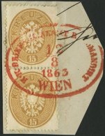 STERREICH 28 Paar BrfStk, 1863, 15 Kr. Braun Im Senkrechten Paar Auf Briefstück, Roter Ovalstempel K.K. BRIEF-FILIA - Oblitérés