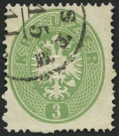 STERREICH 25 O, 1863, 3 Kr. Grün, Ca. 4-5 Ausgefallene Zähnungslöcher, K1, Pracht - Oblitérés