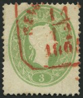 STERREICH 19 O, 1862, 3 Kr. Grün, Roter Reco-Stempel, Pracht, Mi. 130.- - Oblitérés